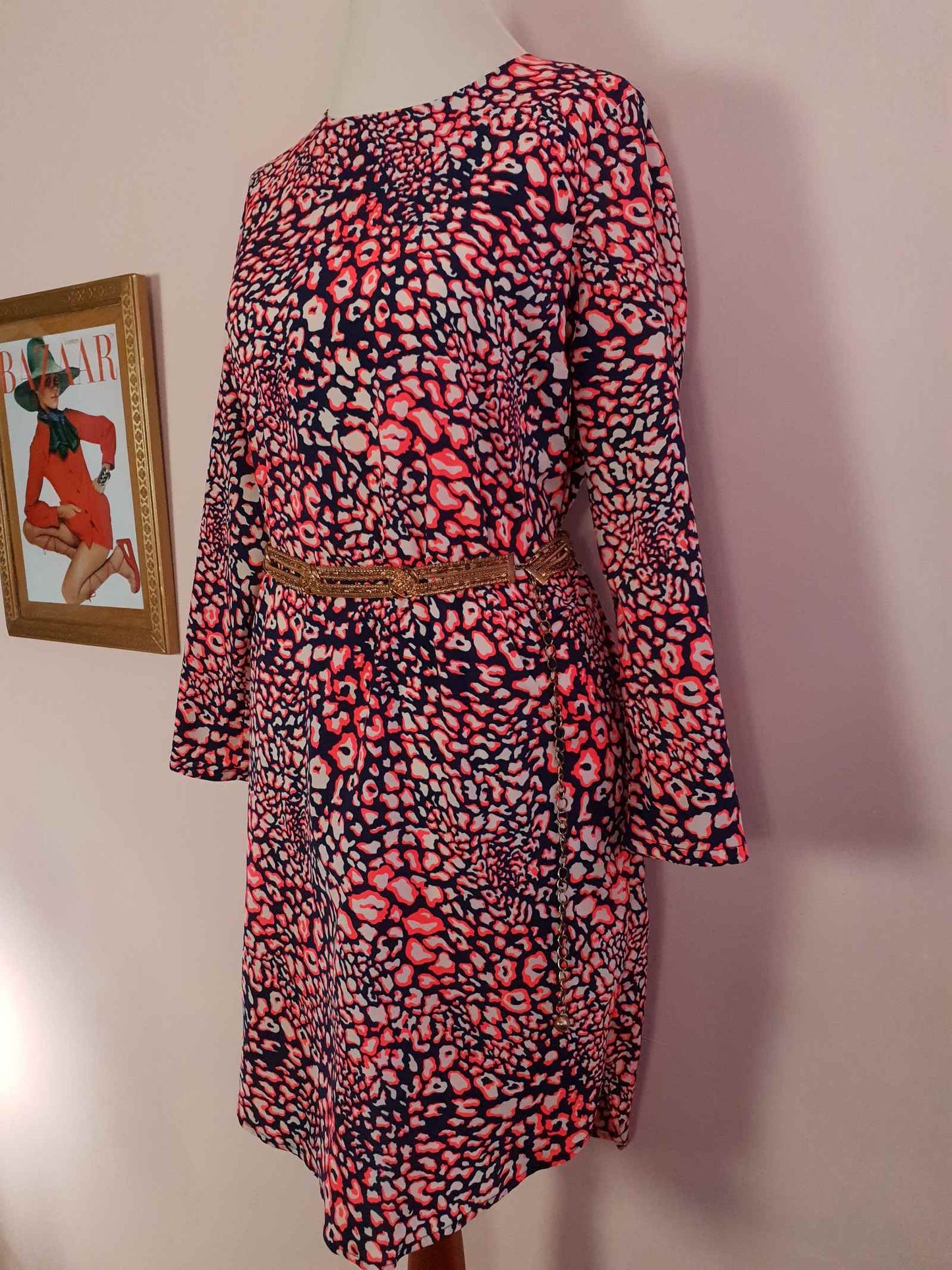 Navy & Neon Orange Midi Dress Leopard Print Top Shop Size 10