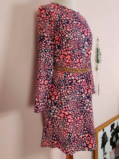 Navy & Neon Orange Midi Dress Leopard Print Top Shop Size 10