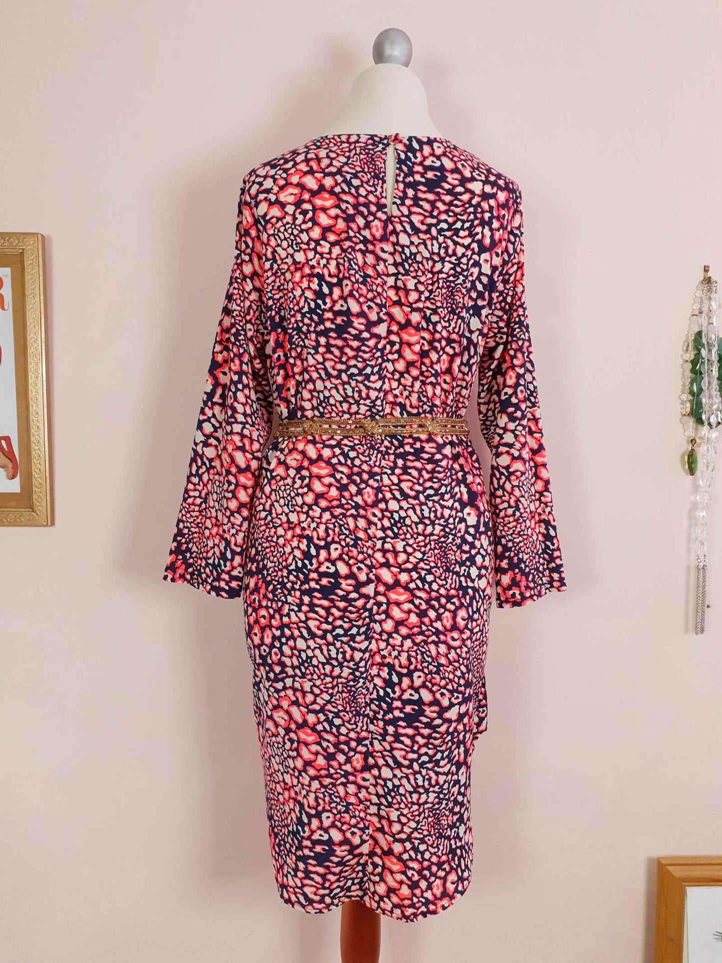 Navy & Neon Orange Midi Dress Leopard Print Top Shop Size 10