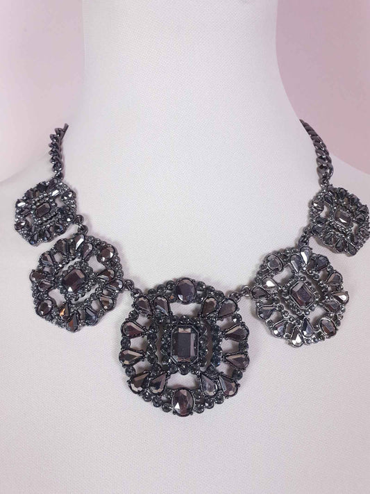 Pre-Loved Ornate Victorian Style Dark Grey Diamante Necklace