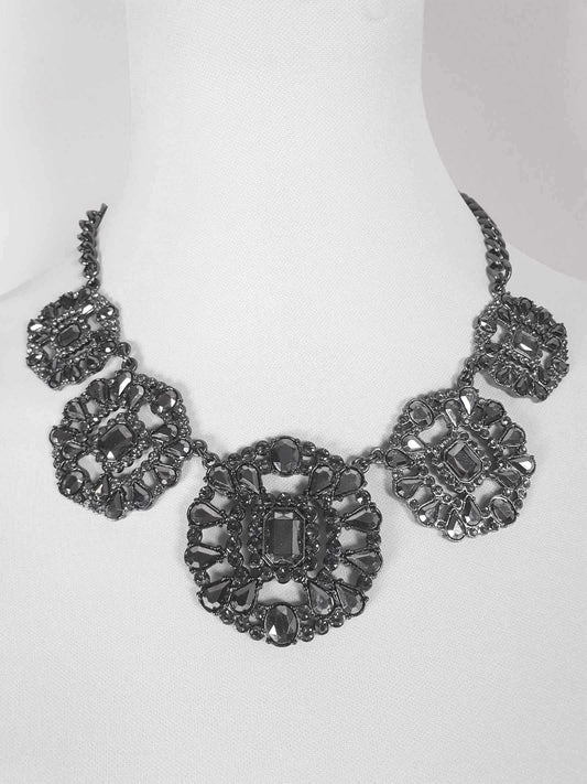 Vintage Victorian Revival Dark Grey Rhinestone Necklace Statement 90s