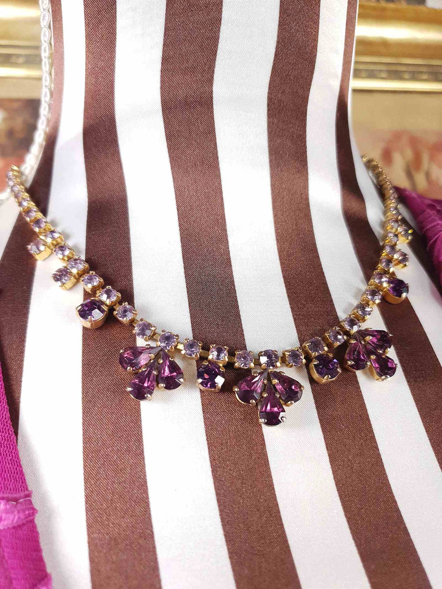 Vintage 1940s Purple Rhinestone Necklace Gold-Tone