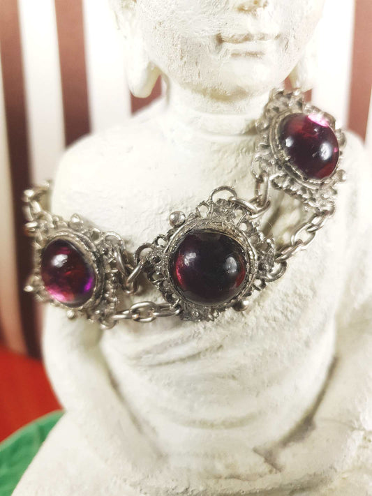 Vintage 1940s Purple Cabochon Pewter Filigree Bracelet
