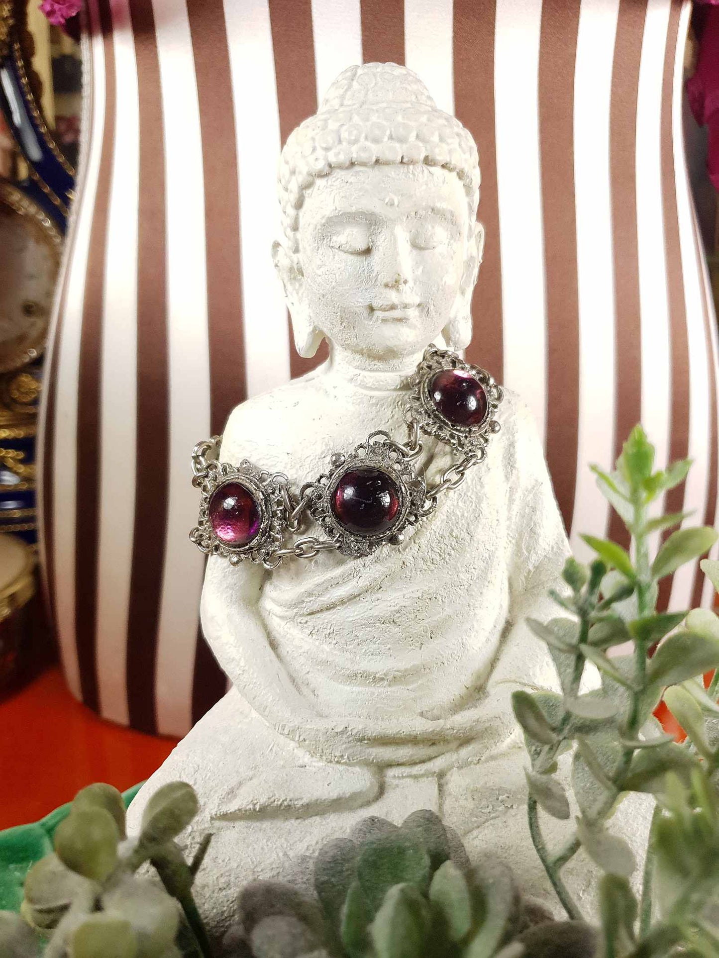 Vintage 1940s Purple Cabochon Pewter Filigree Bracelet