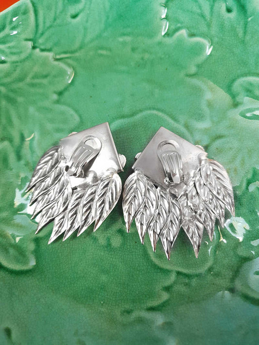 Vintage 1950s Metal Feather Statement Earrings Silver-Tone Clip-Ons Pink Rhinestone