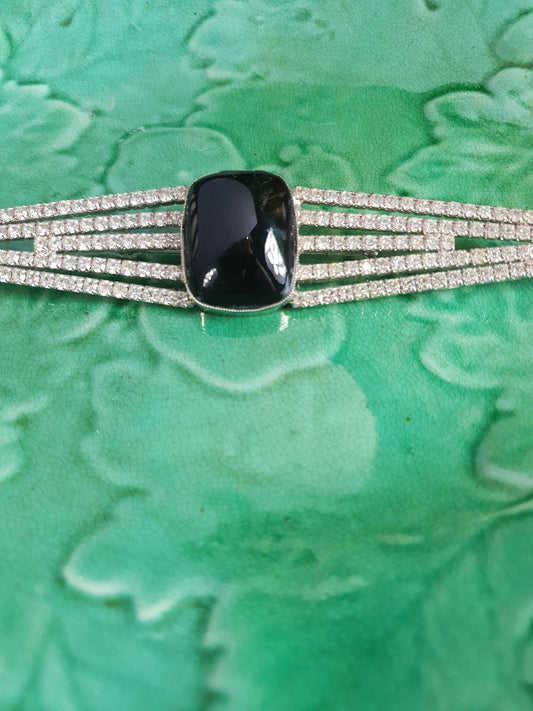 Vintage 1950s Rhinestone Black Glass Large Brooch Mid-Century Geometric