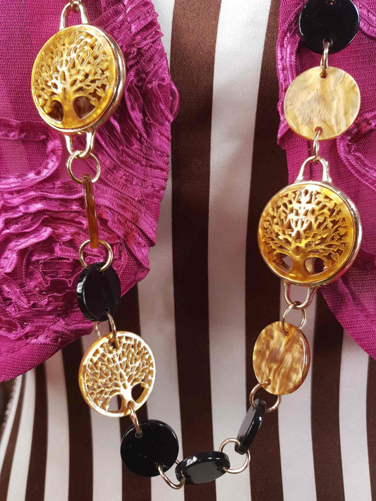 Vintage 1960s Carved Lucite Tree Of Life Necklace - Golden Marble & Black Boho