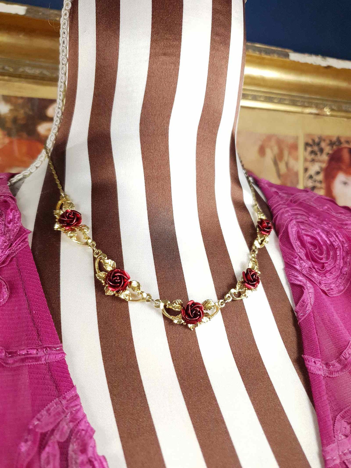 Vintage 1970s Red Rose Necklace Choker Flower Floral Gold-Tone