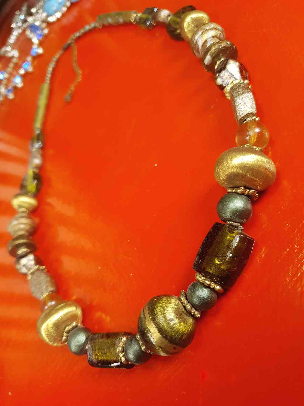 Vintage 90s Green Glass Boho Necklace - Chunky Gold Foil Beads, Wood