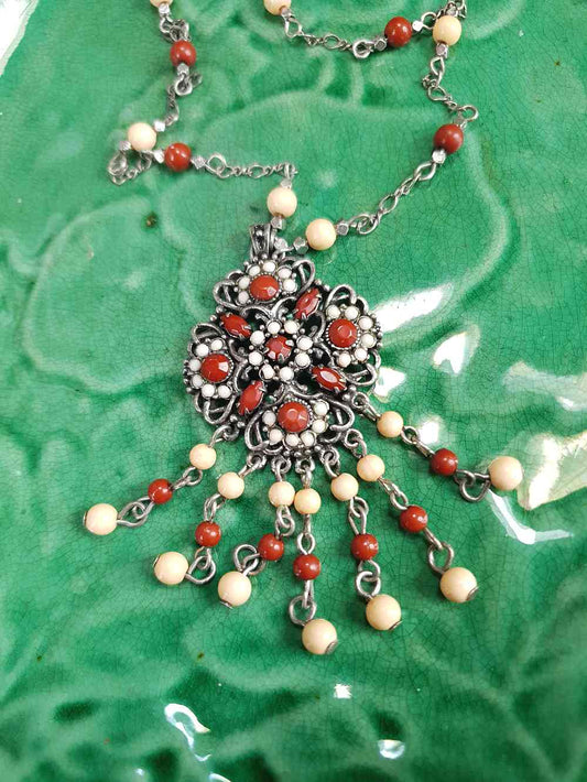 Vintage 90s Boho Bead Filigree Pendant Necklace Bohemian