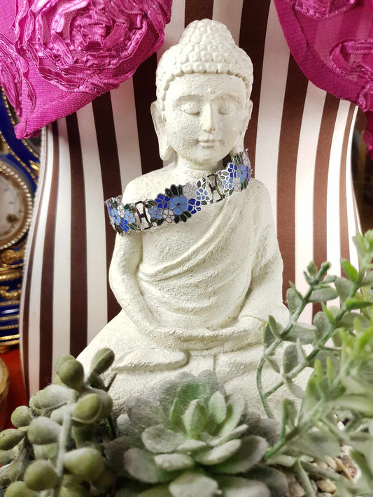 Vintage 1980s Blue Floral Cloisonne Bracelet Flower