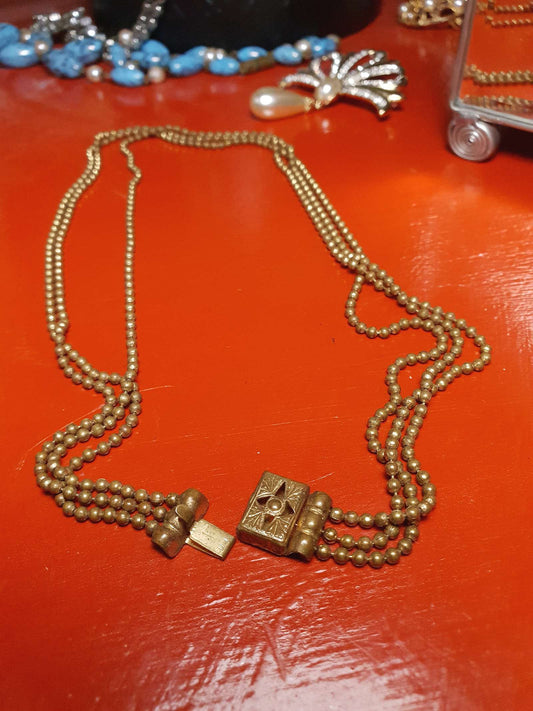 1920s Art Deco Necklace Brass Beads Antique Three Tiers