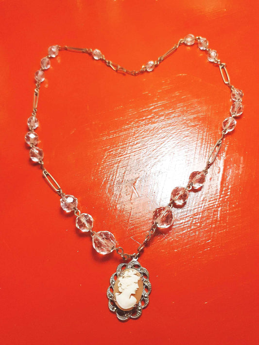 Vintage Art Deco Crystal Cameo Necklace Pendant 1920s Antique