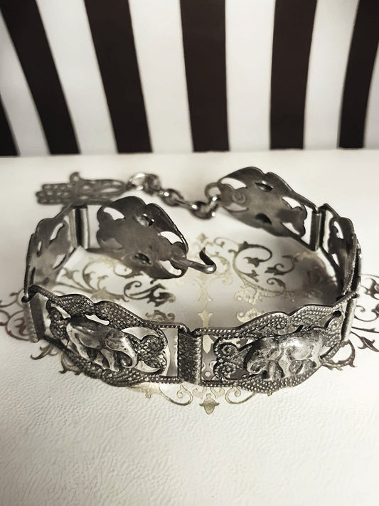 Vintage 1920s Silver Elephant Bracelet Antique Marked Boho Bohemian