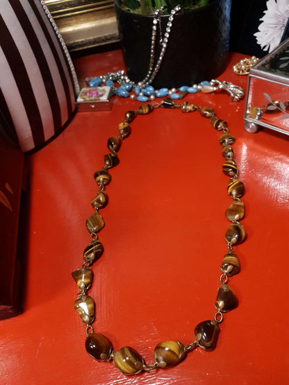 Vintage 1920s Tiger's Eye Necklace 26" Brass Antique Gemstone