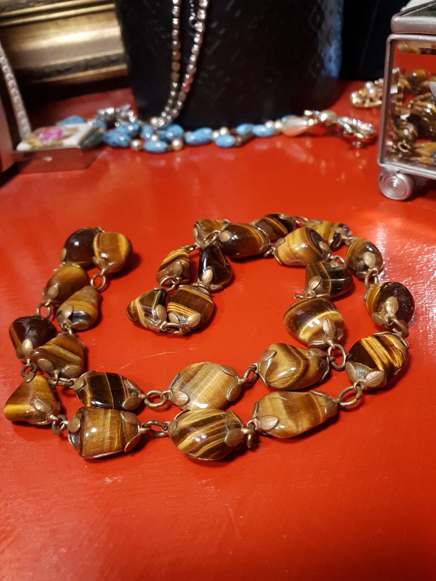 Vintage 1920s Tiger's Eye Art Deco Necklace 26" Brass Antique Gemstone