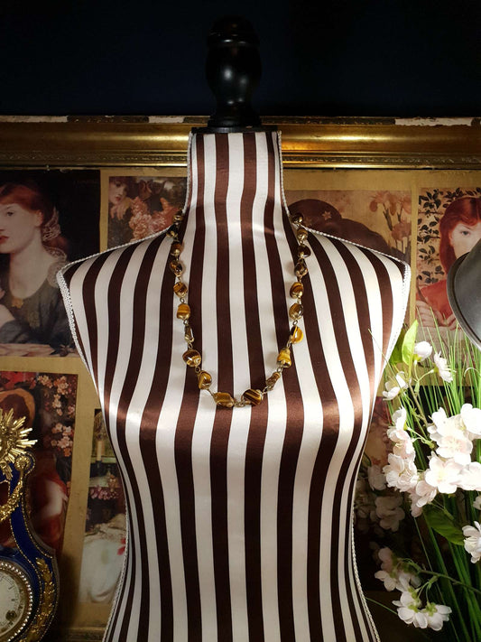 Vintage 1920s Tiger's Eye Art Deco Necklace 26" Brass Antique Gemstone