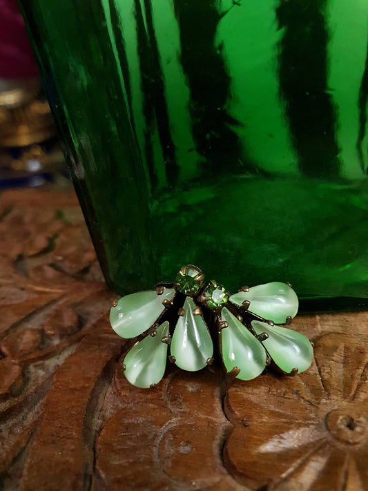 Vintage 1930s Green Earrings Teardrop Cabochon Rhinestone Clip-Ons Brass