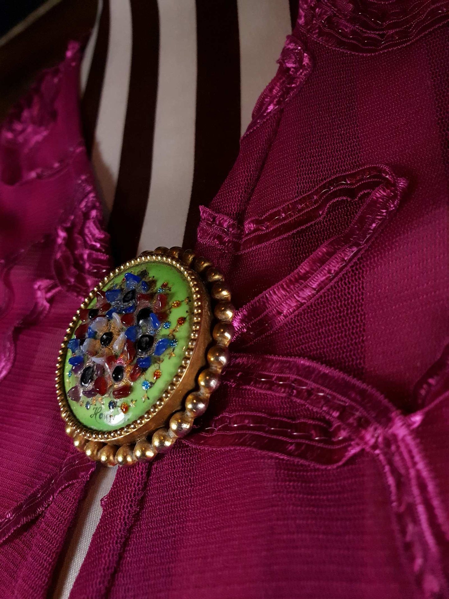 Vintage 1940s Floral Brooch Ceramic Art Glass Flower Pin Signed RARE