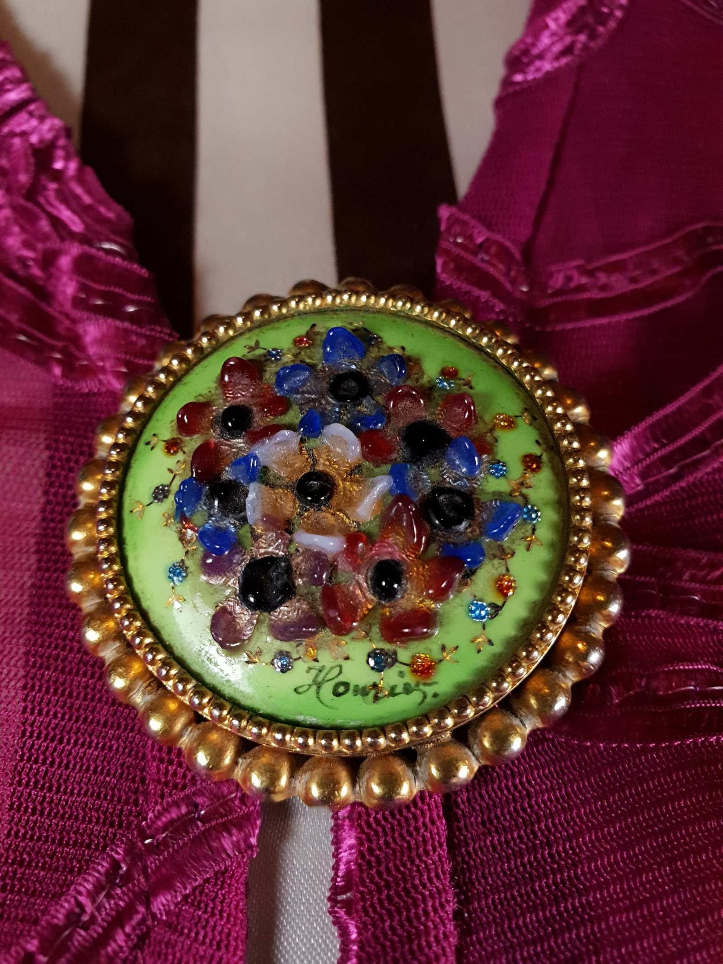 Vintage 1940s Floral Brooch Ceramic Art Glass Flower Pin Signed RARE