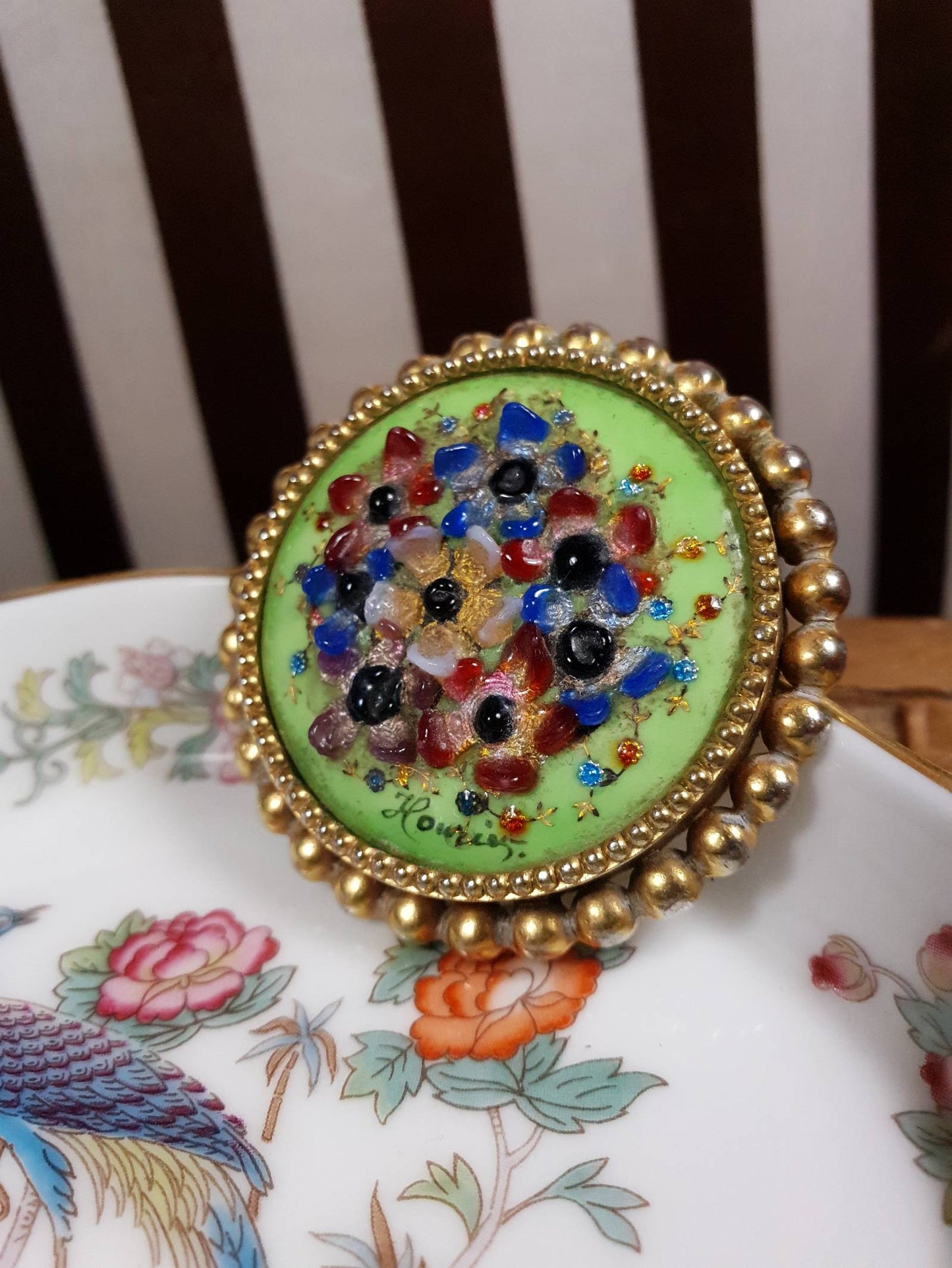 Vintage 1940s Floral Brooch Ceramic Art Glass Flower Pin Signed RARE