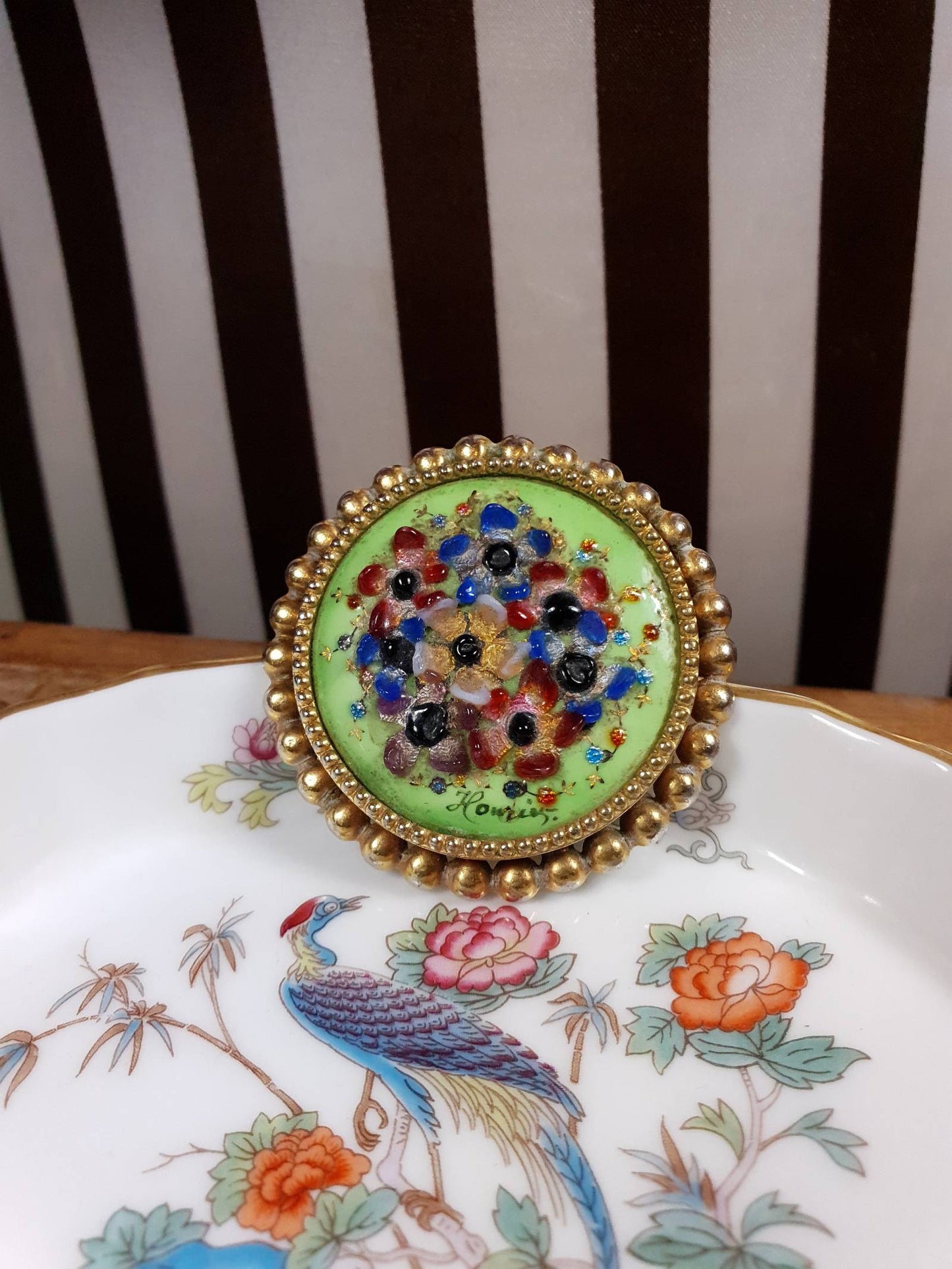 Vintage 1940s Floral Brooch Ceramic Art Glass Flower Pin Signed RARE