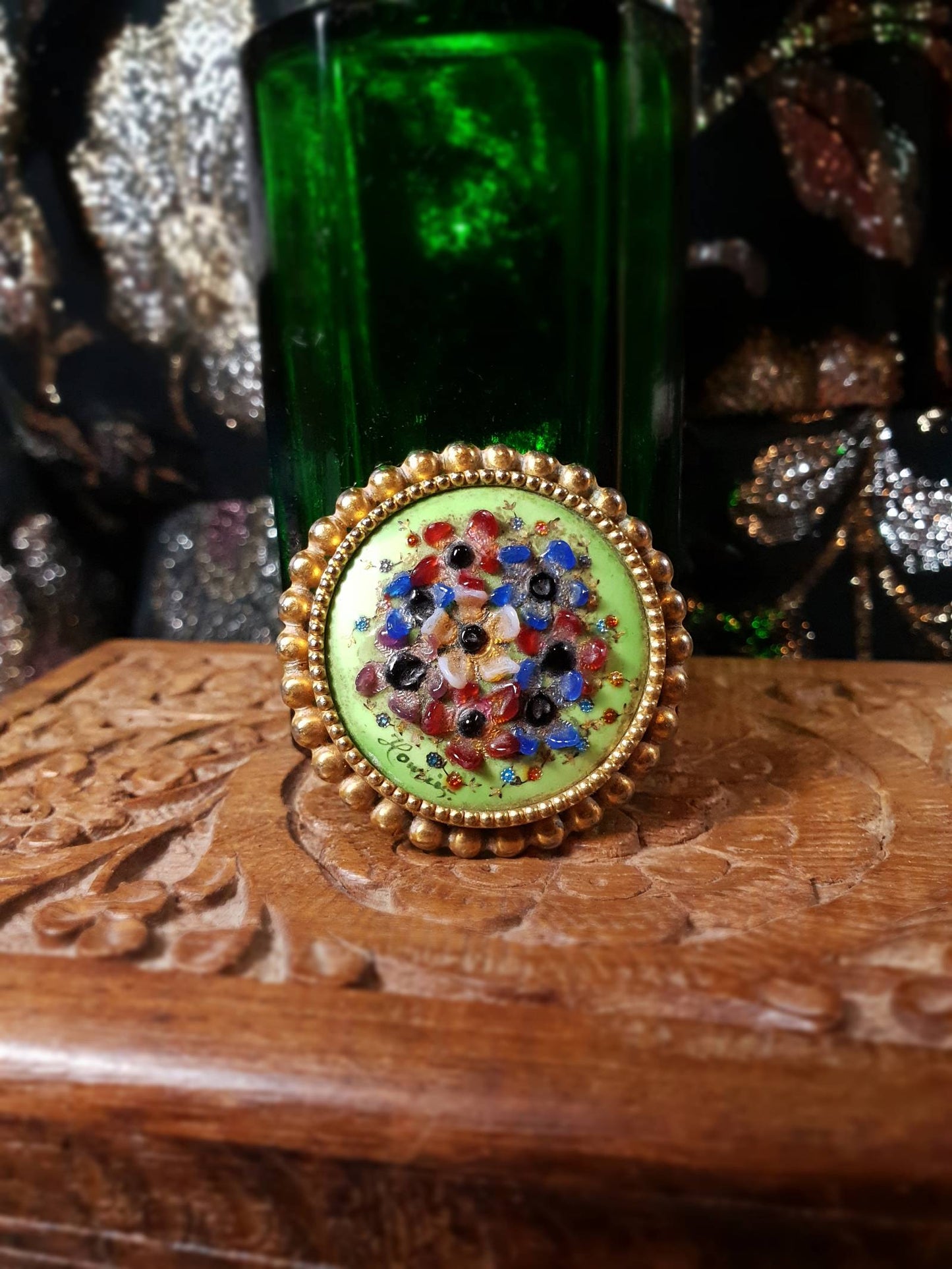Vintage 1940s Floral Brooch Ceramic Art Glass Flower Pin Signed RARE