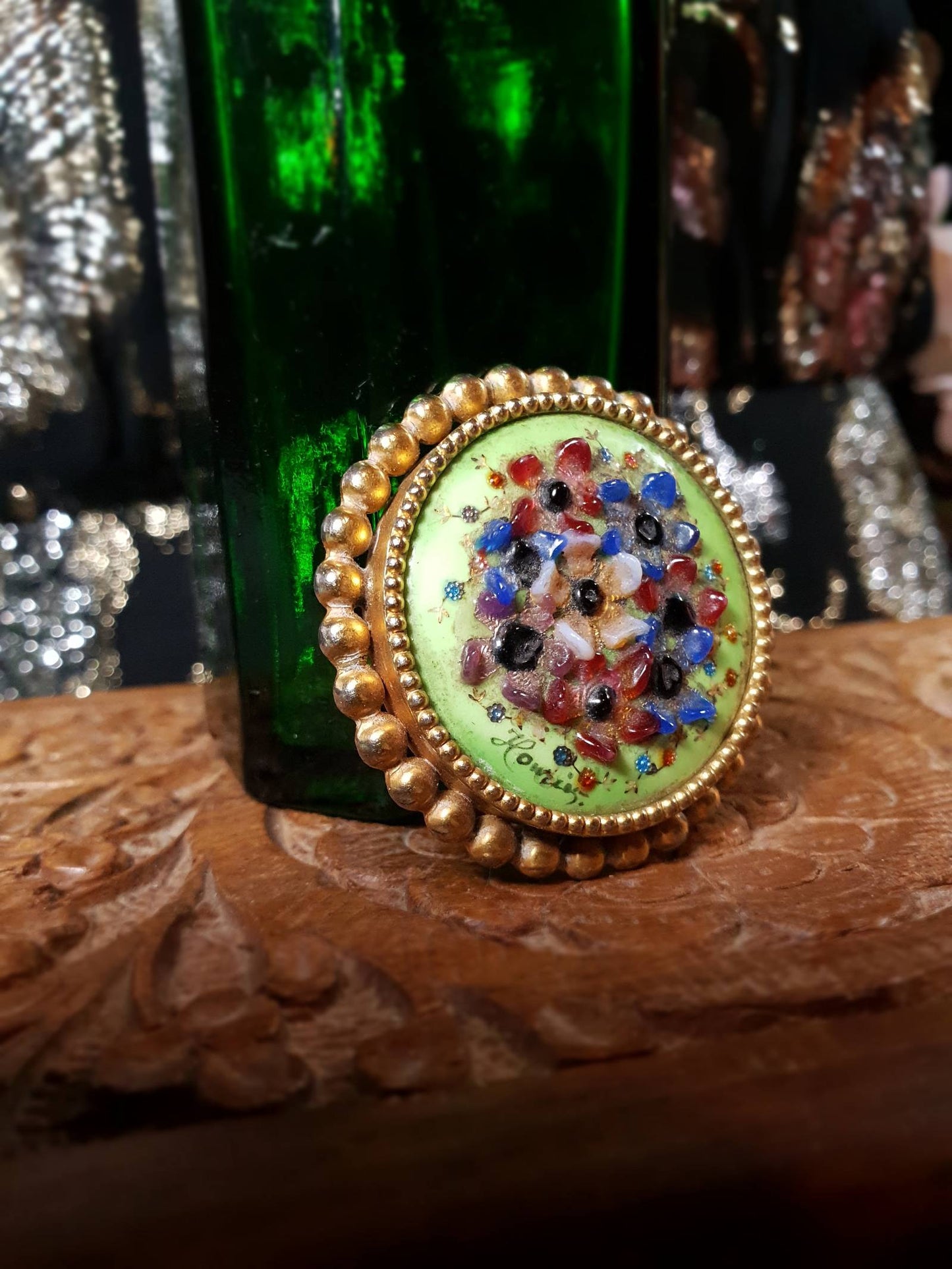 Vintage 1940s Floral Brooch Ceramic Art Glass Flower Pin Signed RARE