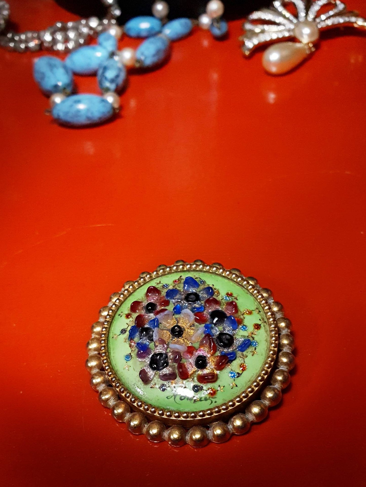 Vintage 1940s Floral Brooch Ceramic Art Glass Flower Pin Signed RARE