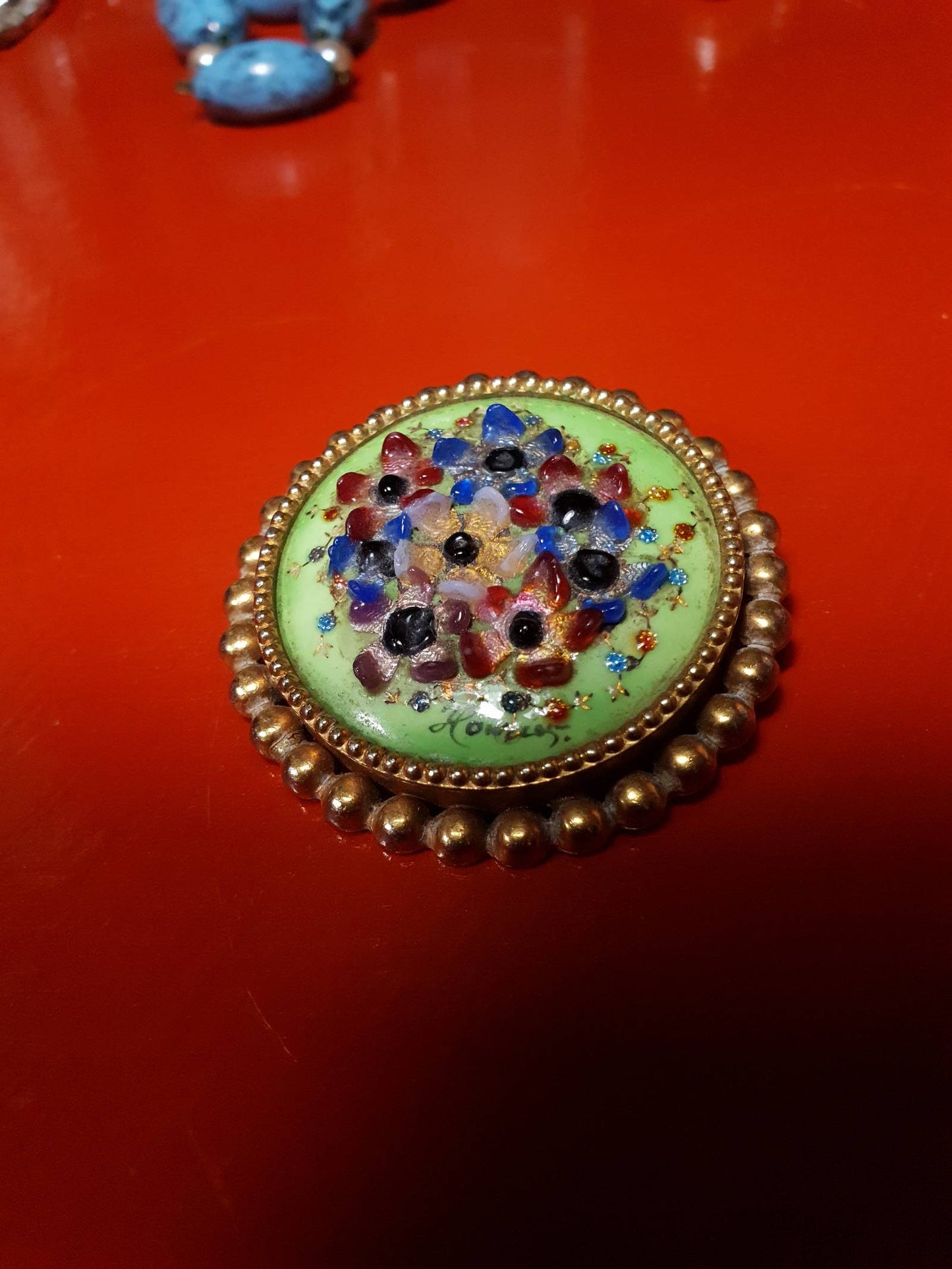 Vintage 1940s Floral Brooch Ceramic Art Glass Flower Pin Signed RARE