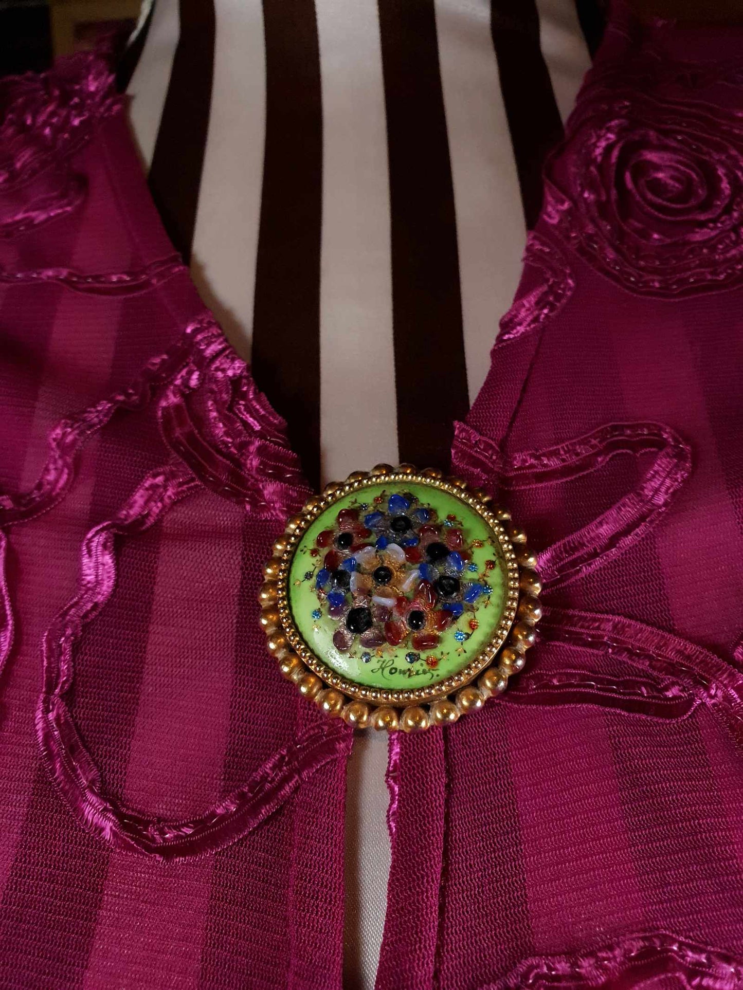 Vintage 1940s Floral Brooch Ceramic Art Glass Flower Pin Signed RARE