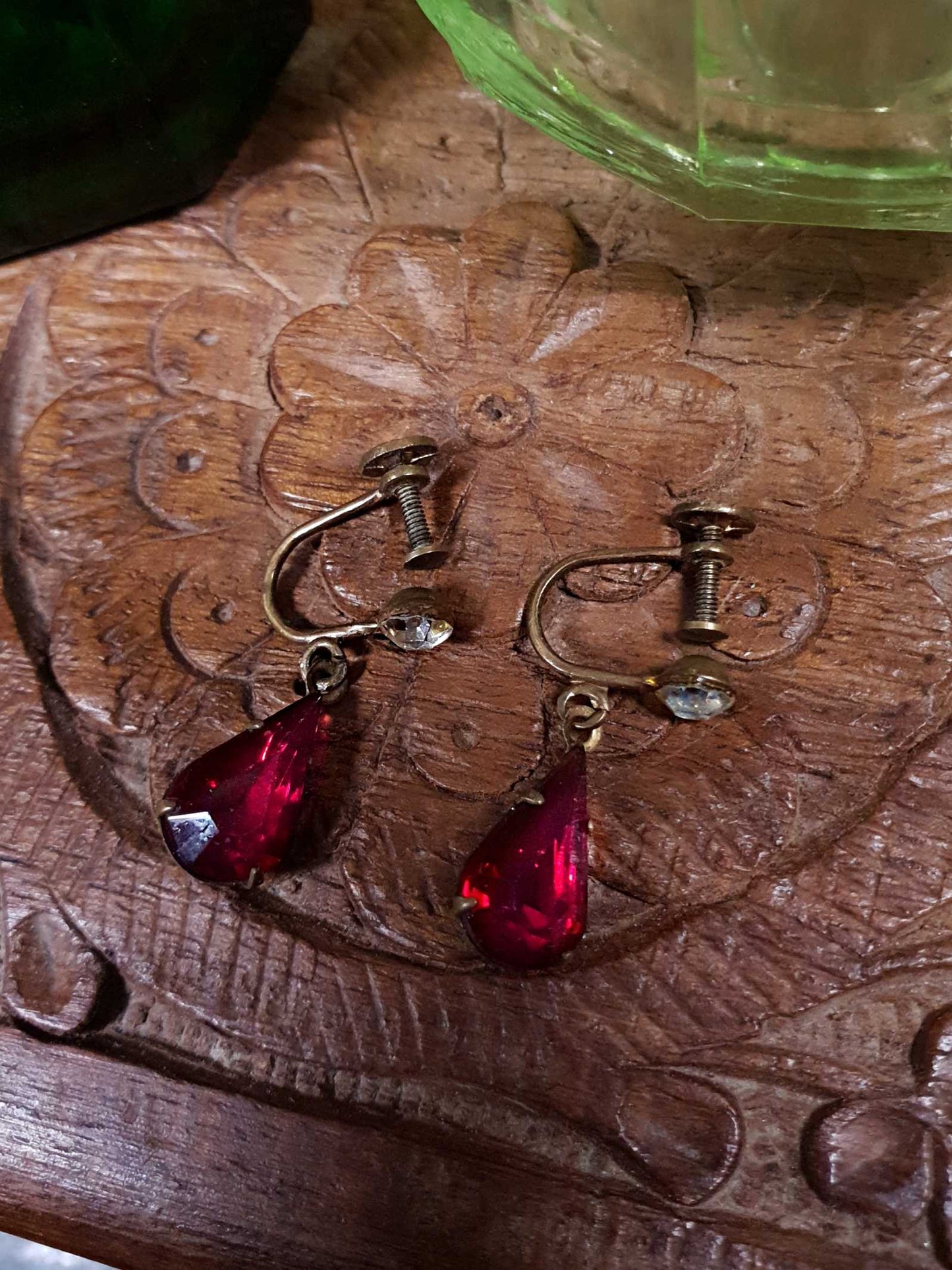Vintage 1940s Red Rhinestone Earrings Dangle Teardrop Screw Back Brass