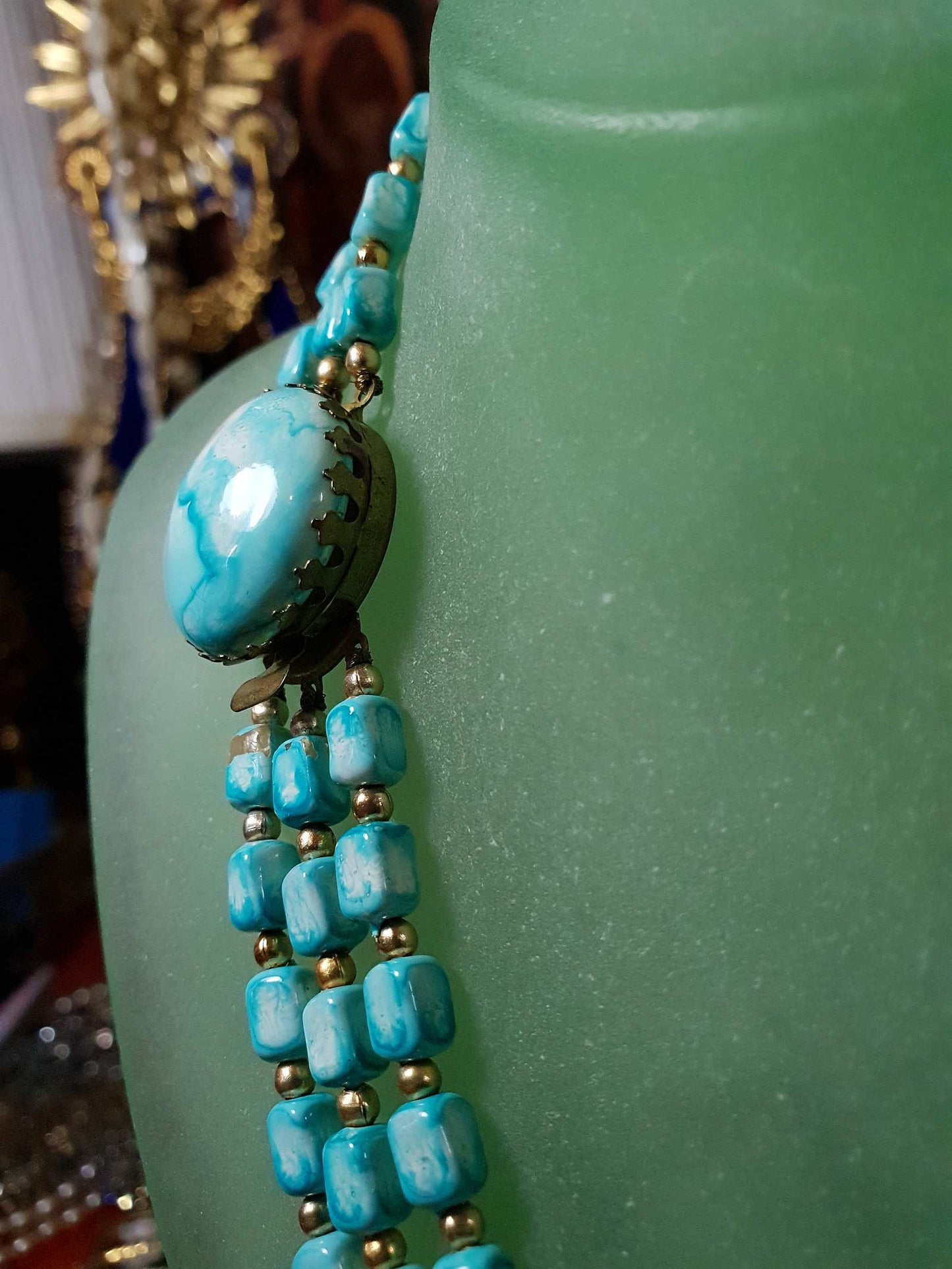 Vintage 1950s Statement Necklace Blue Marbled Three Strand Brass