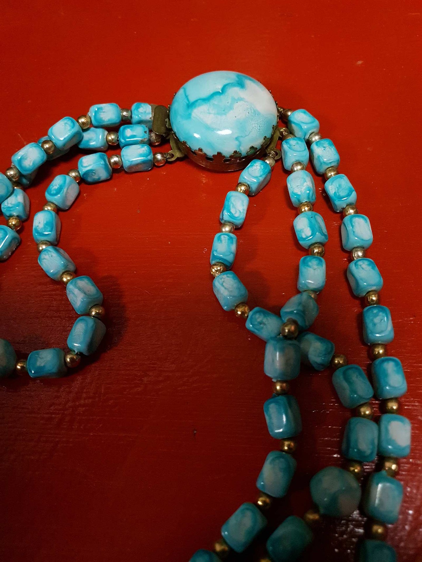 Vintage 1950s Statement Necklace Blue Marbled Three Strand Brass