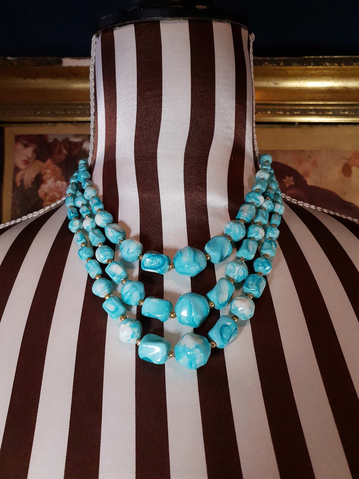 Vintage 1950s Statement Necklace Blue Marbled Three Strand Brass