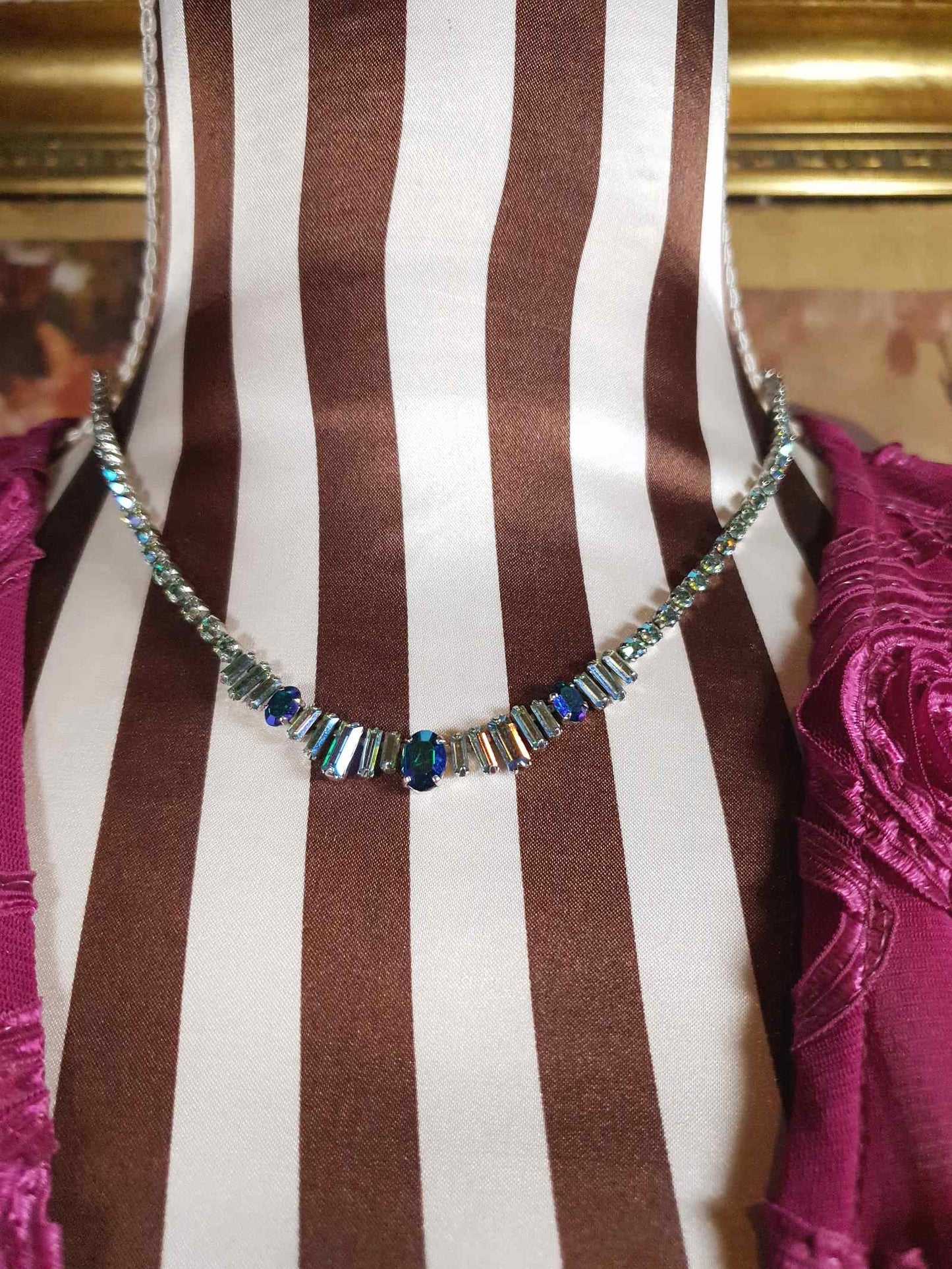 Vintage 1950s Aurora Borealis Rhinestone Necklace 17" Blue Green Mid-Century