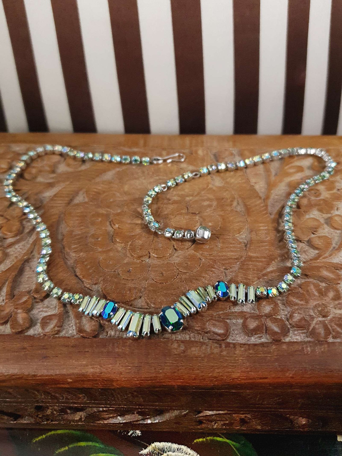 Vintage 1950s Aurora Borealis Rhinestone Necklace 17" Blue Green Mid-Century