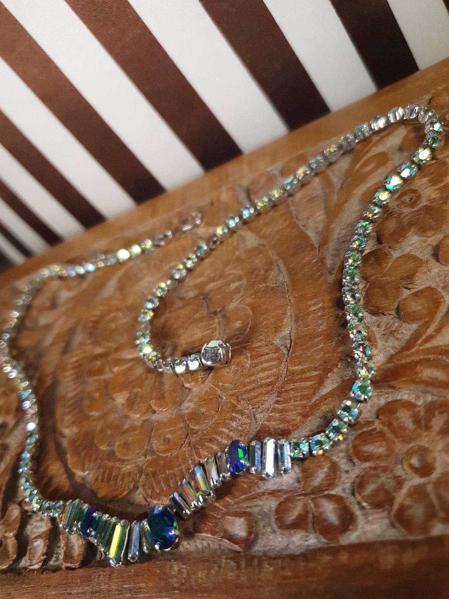 Vintage 1950s Aurora Borealis Rhinestone Necklace 17" Blue Green Mid-Century