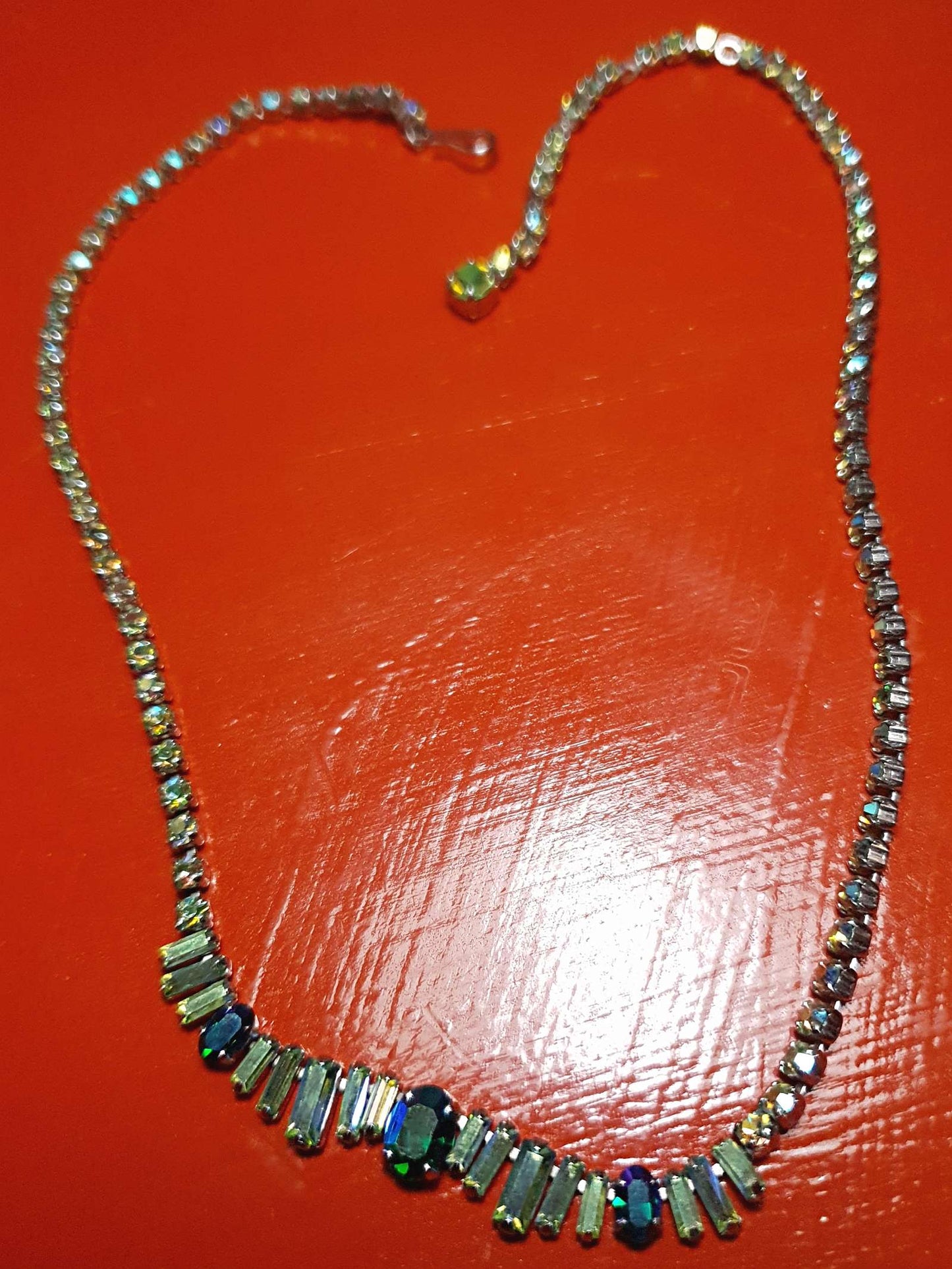 Vintage 1950s Aurora Borealis Rhinestone Necklace 17" Blue Green Mid-Century