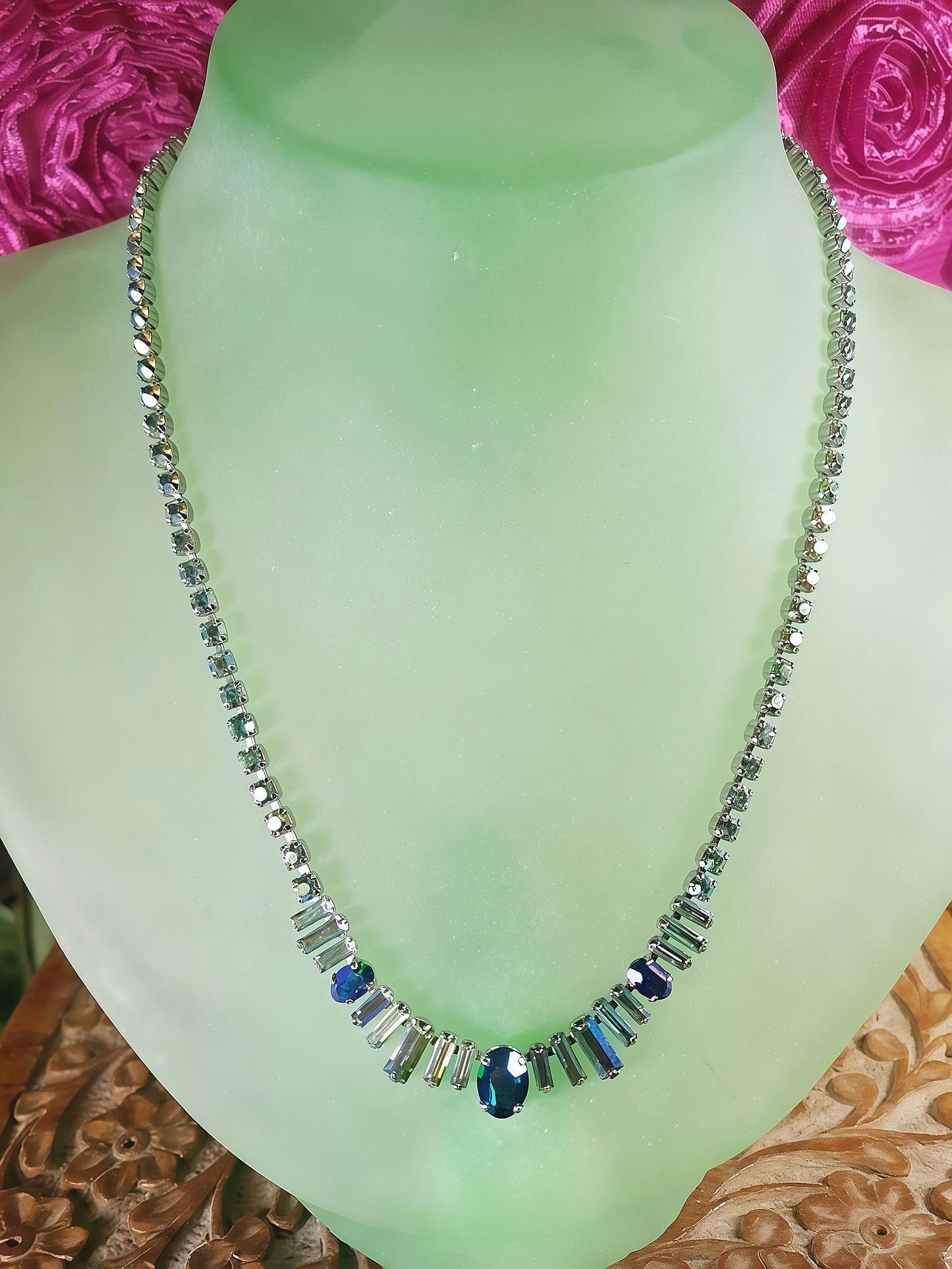 Vintage 1950s Aurora Borealis Rhinestone Necklace 17" Blue Green Mid-Century