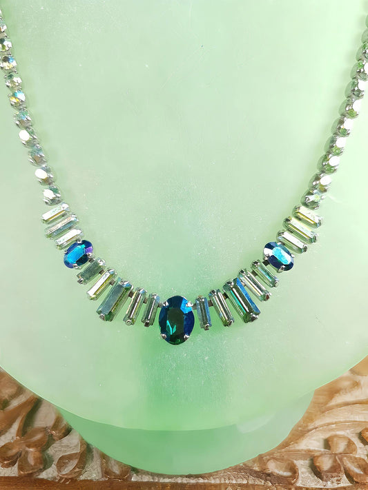 Vintage 1950s Aurora Borealis Rhinestone Necklace 17" Blue Green Mid-Century