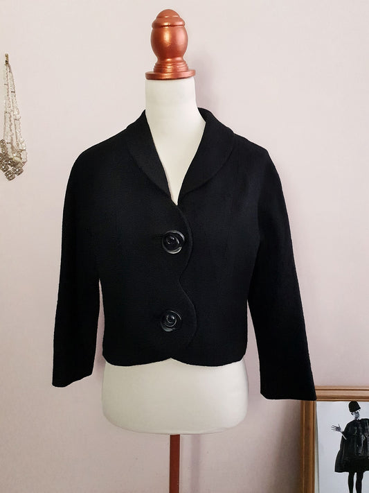 Rare Vintage 1950s Beautiful Black Wool Jacket - Size 12