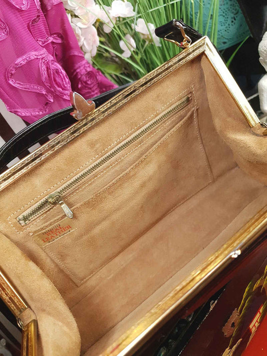 Vintage 1950s Black Leather Handbag Tote Bag Suede Interior Retro