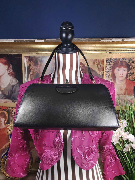 Vintage 1950s Black Leather Handbag Tote Bag Suede Interior Retro