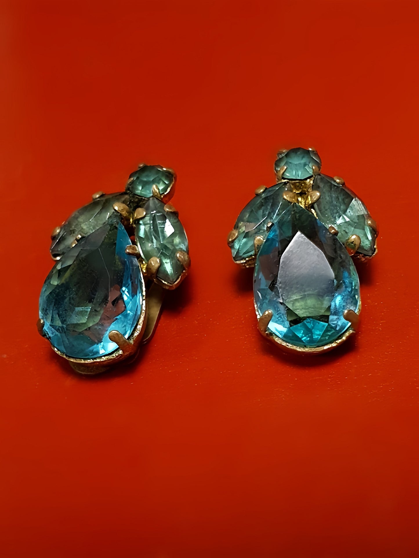 Vintage 1950s Czech Rhinestone Earrings Aqua Blue Brass Clip-Ons Mid Century