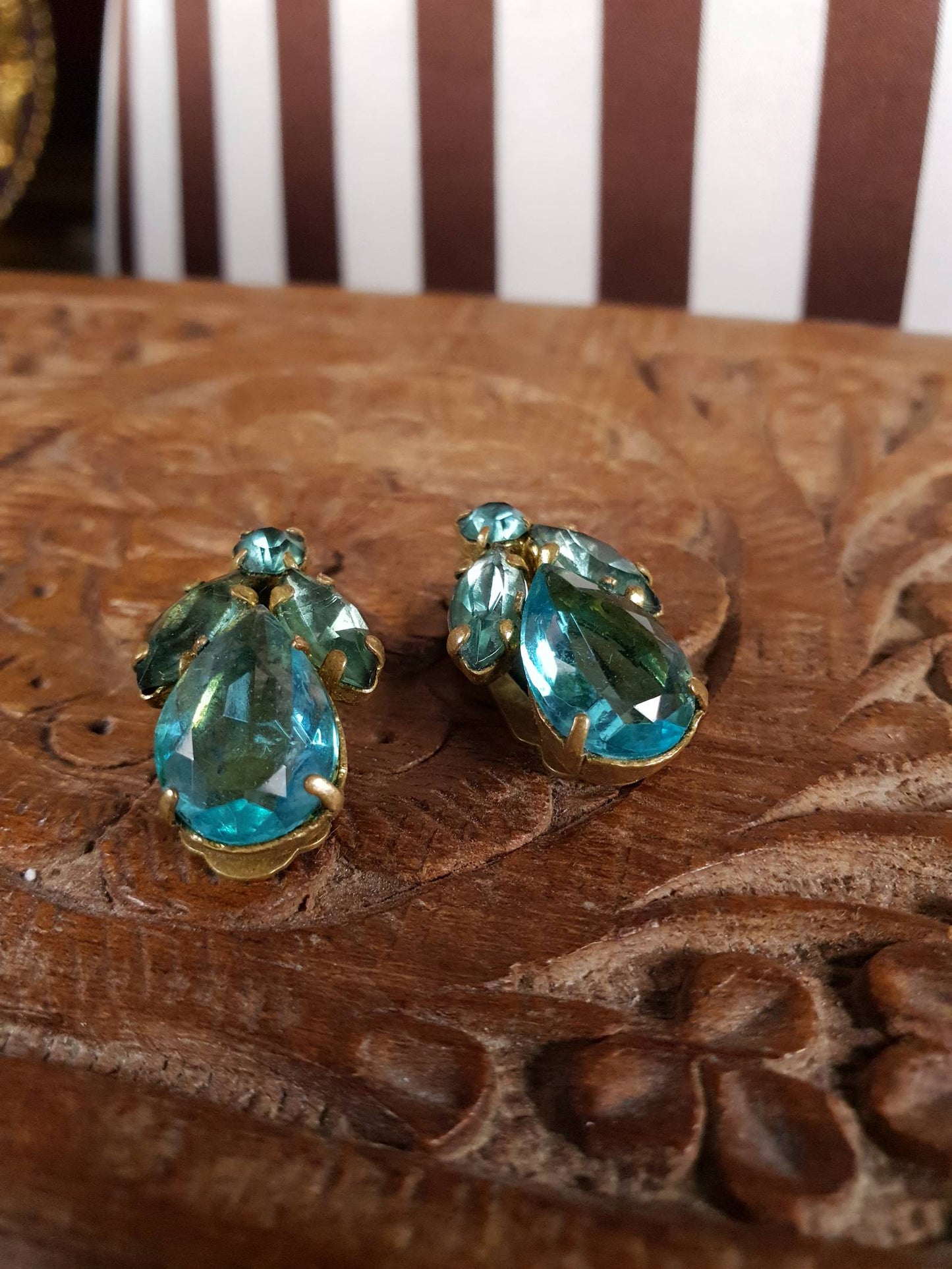 Vintage 1950s Czech Rhinestone Earrings Aqua Blue Brass Clip-Ons Mid Century