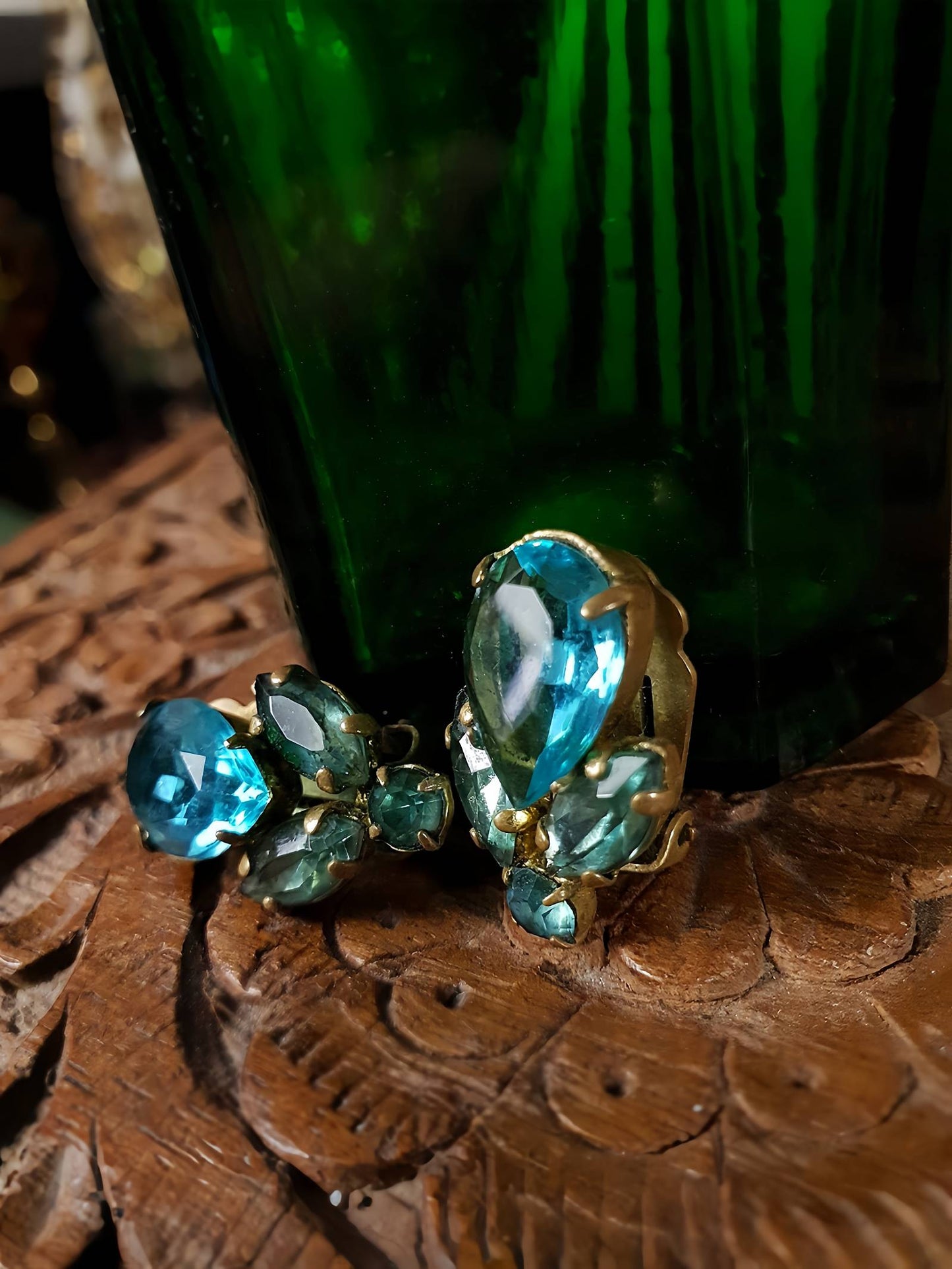 Vintage 1950s Czech Rhinestone Earrings Aqua Blue Brass Clip-Ons Mid Century