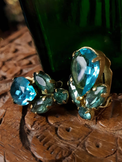 Vintage 1950s Czech Rhinestone Earrings Aqua Blue Brass Clip-Ons Mid Century