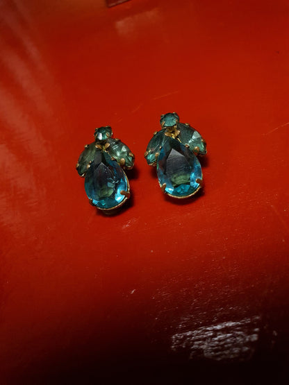 Vintage 1950s Czech Rhinestone Earrings Aqua Blue Brass Clip-Ons Mid Century