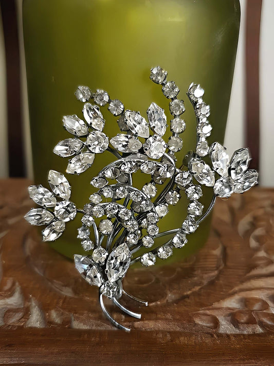 Vintage 1950s Floral Rhinestone Brooch Flower Bouquet Mid-Century